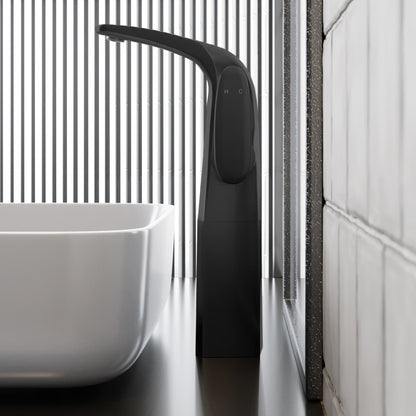 Single-handle high arc bathroom faucet in matte black, single-hole mount.