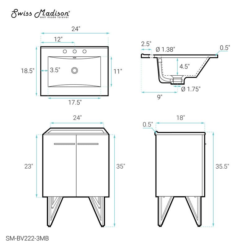 Annecy 24 in. Black Walnut Bathroom Vanity With Black, 3-Hole Ceramic Sink Top