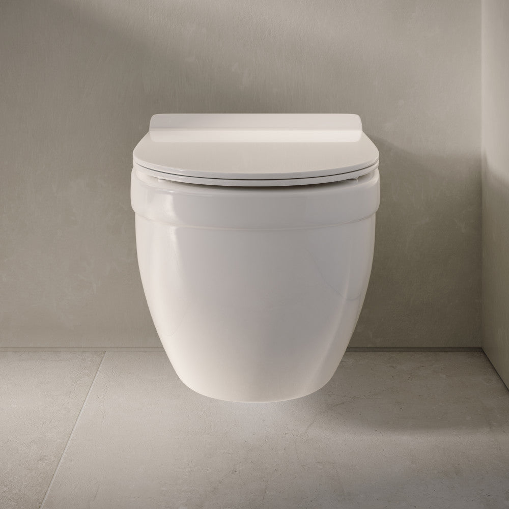 Wall-hung elongated toilet bowl with smooth, minimalist design in white ceramic.