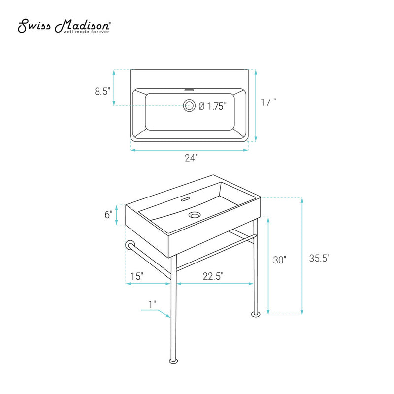 Claire 24" Rectangle Matte Black Zero Hole Console Sink with Matte Black Legs