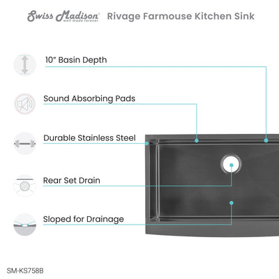 Rivage 33 x 21 Stainless Steel, Single Basin, Farmhouse Kitchen Sink with Apron in Black