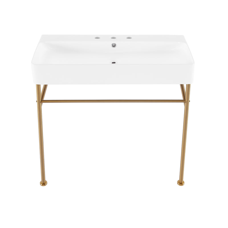 Carre 36" Console Sink White Basin Brushed Gold Legs with 8" Widespread Holes