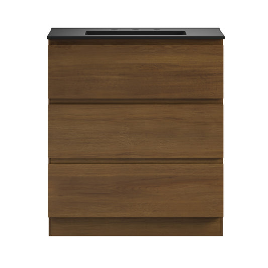 Liberte 30" Freestanding Bathroom Vanity in Brown Oak with Black 3-Hole Widespread Sink Top