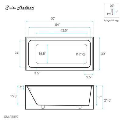 Voltaire 60" x 30" Right-Hand Drain Alcove Bathtub with Apron