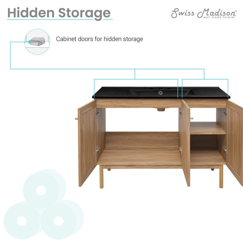Classe 48" Freestanding Bathroom Vanity in Golden Oak with Black 3-Hole Widespread Sink Top