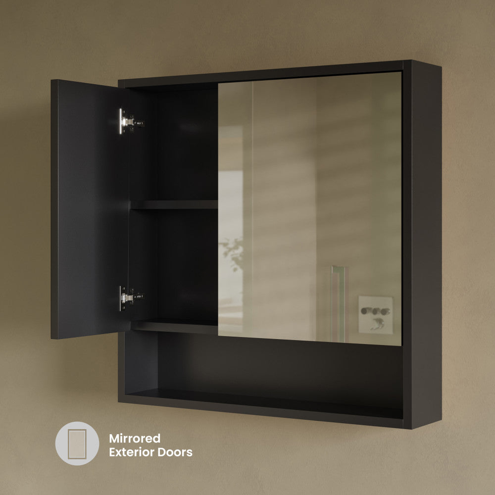 Delice 30 x 30 Rectangle Wall Mount Medicine Cabinet in Satin Black with Open Shelf