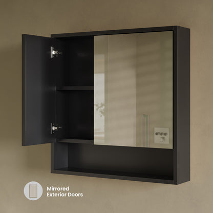 Delice 30 x 30 Rectangle Wall Mount Medicine Cabinet in Satin Black with Open Shelf