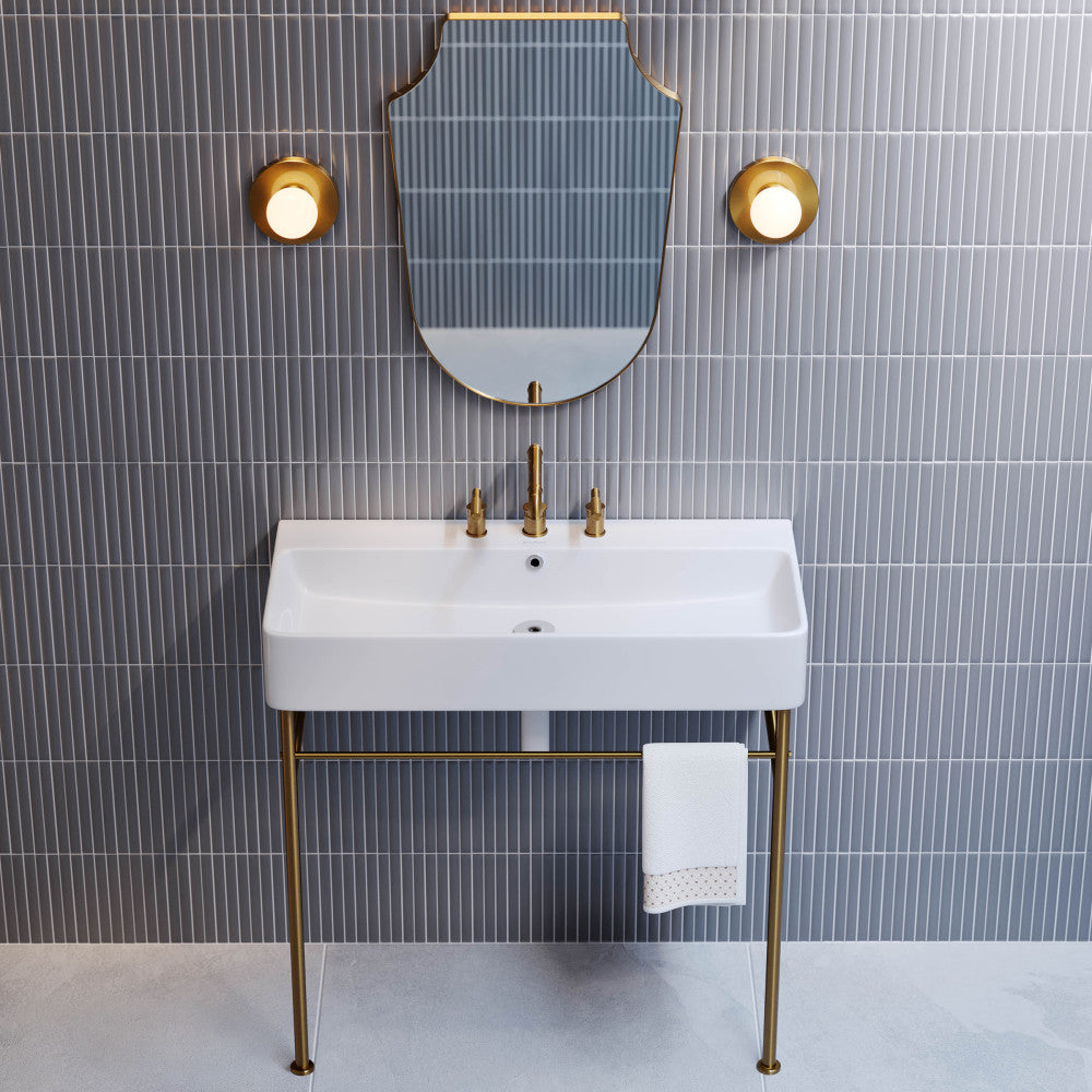 Carre 36" Console Sink White Basin Brushed Gold Legs with 8" Widespread Holes