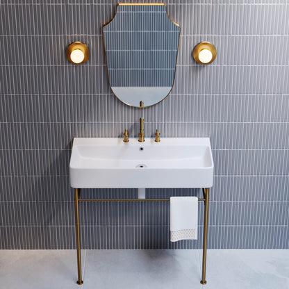 Carre 36" Console Sink White Basin Brushed Gold Legs with 8" Widespread Holes