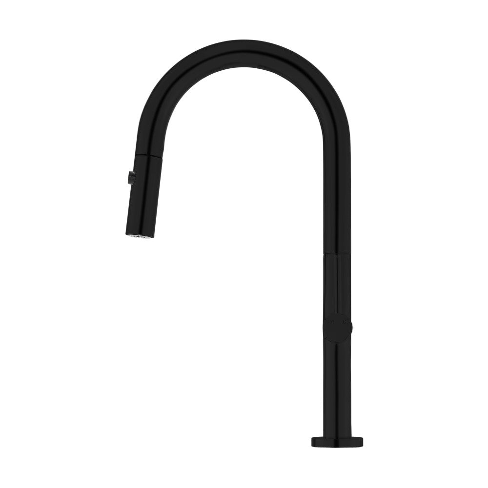 Single handle pull-down kitchen faucet in matte black with curved spout and modern design.