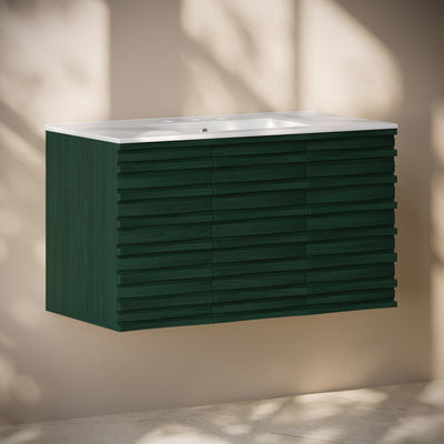 Cascade 36" Wall-Mounted Bathroom Vanity in Green Oak with 3-Hole Widespread Sink Top