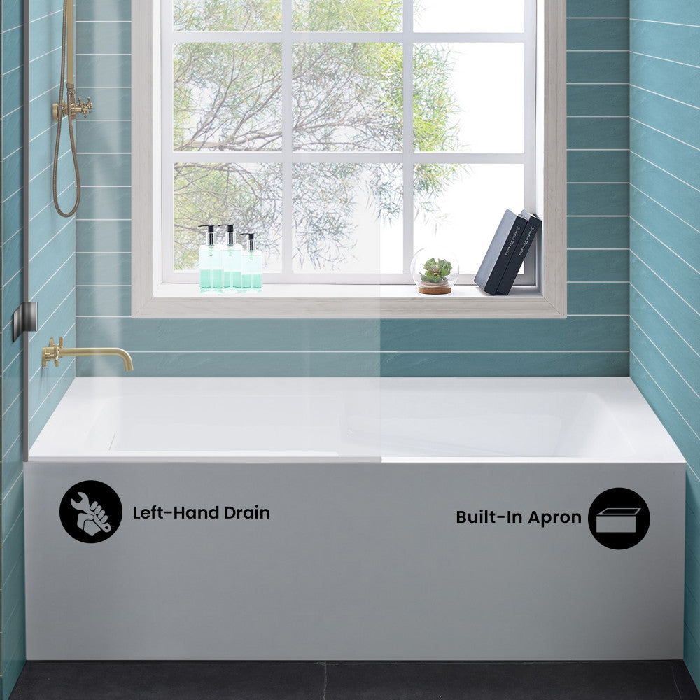 Voltaire 54 x 30 Skirted Left Drain Soaking Apron Bathtub in Glossy White with Integrated Overflow and Armrest, Drain Included
