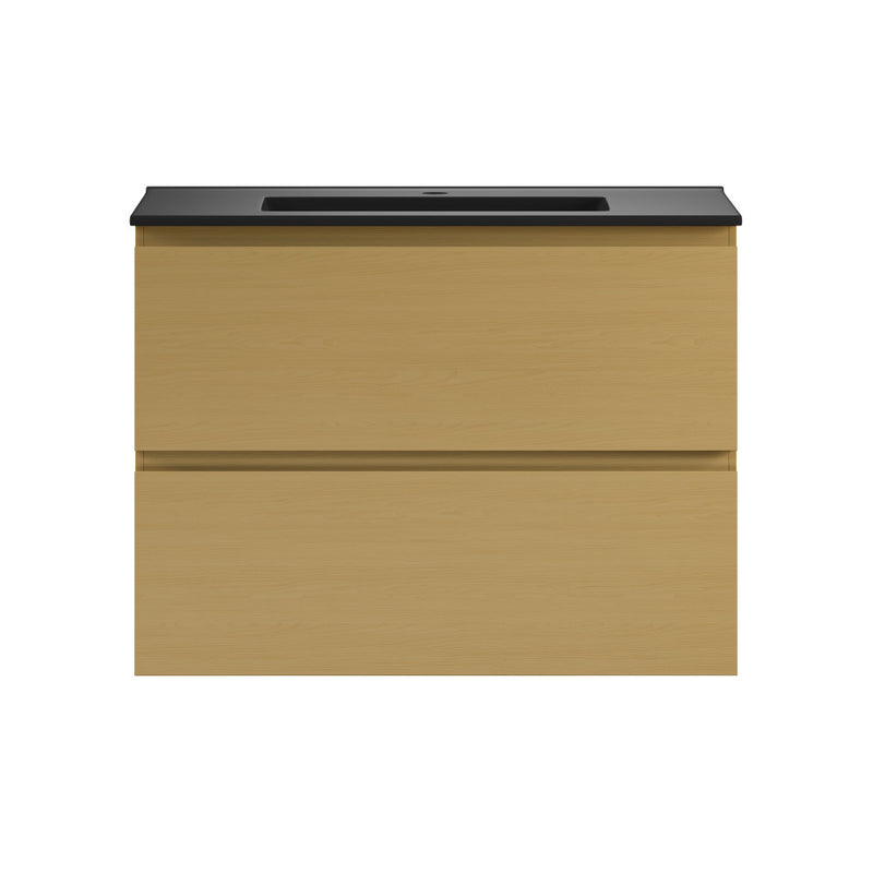 Liberte 30" Wall-Mounted Bathroom Vanity in Natural Oak with Black Sink Top