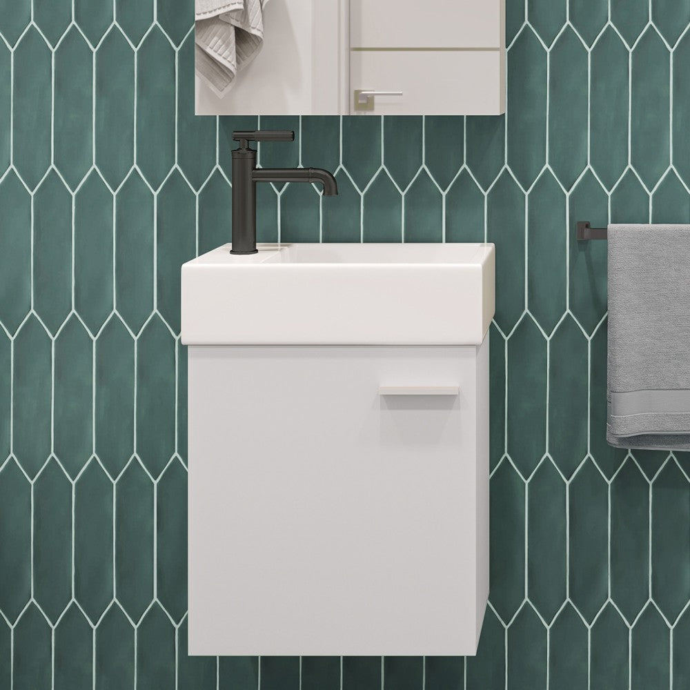 18-inch wall-mounted white bathroom vanity with single sink and black faucet.