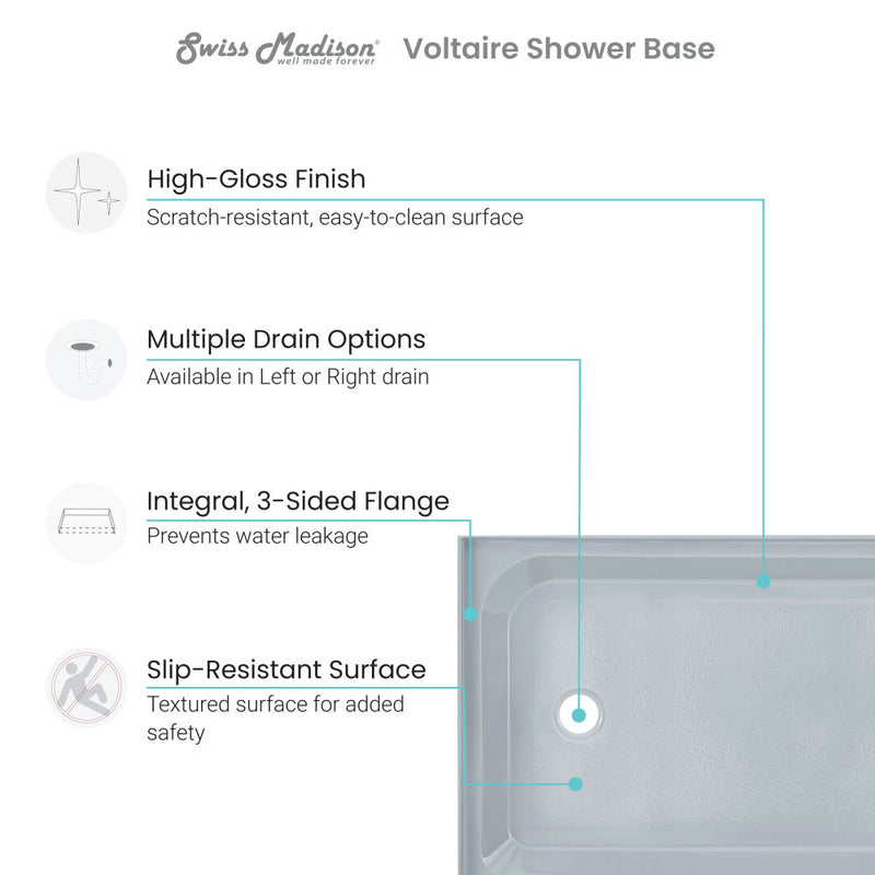 Voltaire 60 x 32 Single-Threshold, Right-Hand Drain, Shower Base in Grey