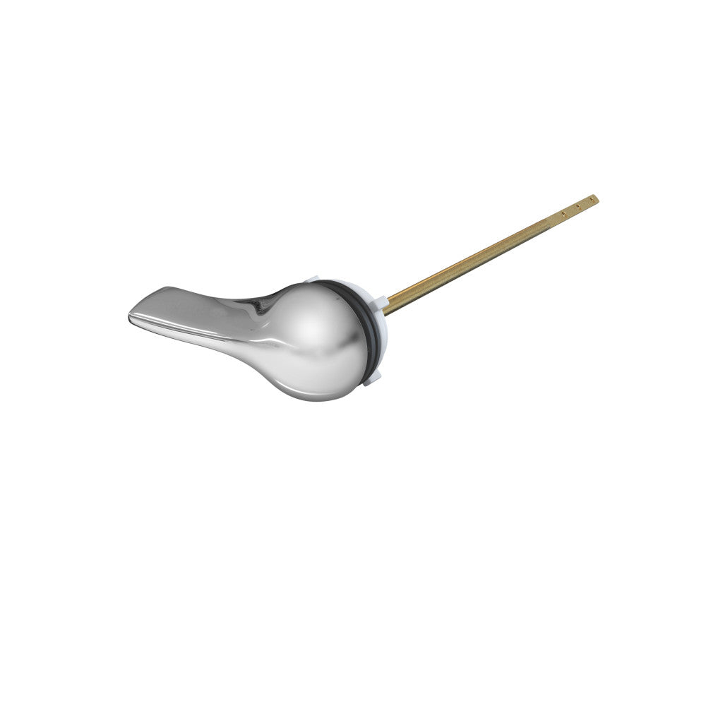 Flush handle in polished chrome with long brass rod for toilet tank operation.