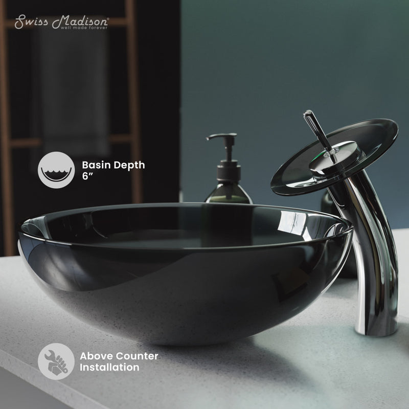 Cascade 16.5 Color Glass Vessel Sink with Faucet, Black