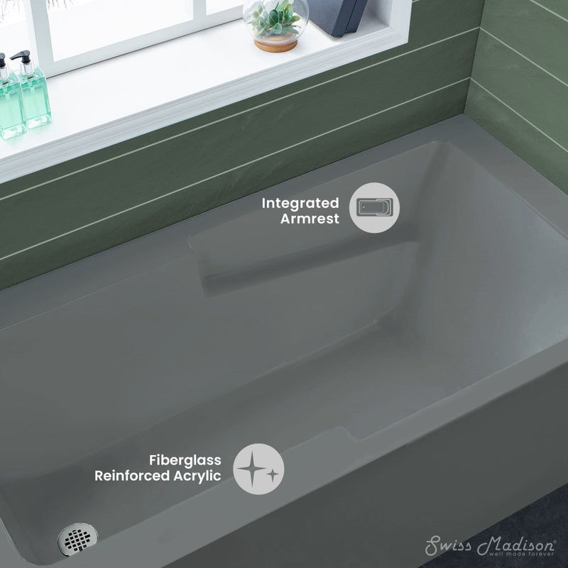 Voltaire 60" x 32" Left-Hand Drain Alcove Bathtub with Apron and Armrest in Matte Gray