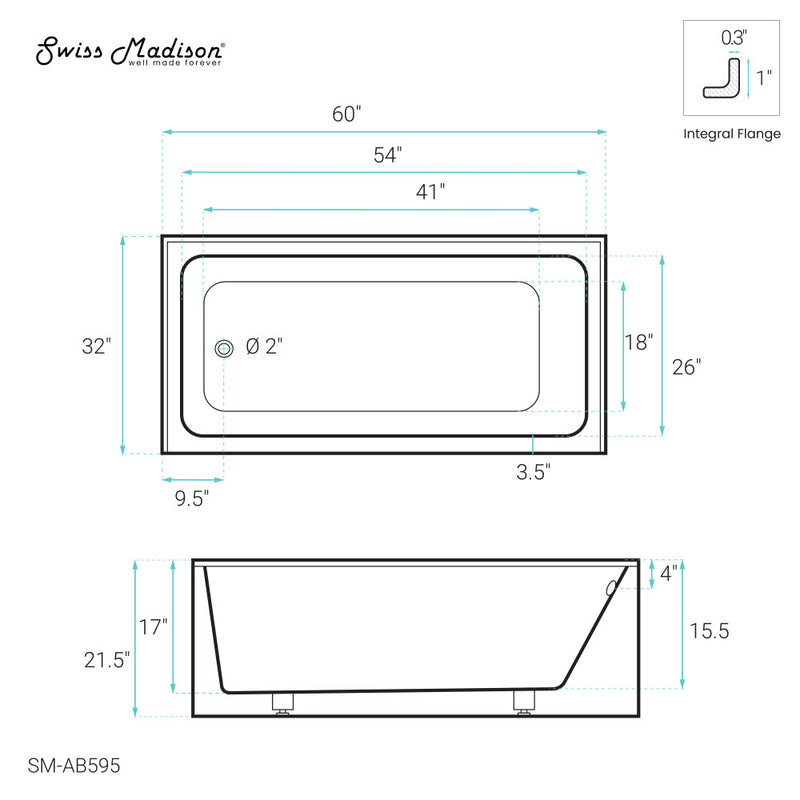 Voltaire 60" x 32" Left-Hand Drain Alcove Bathtub with Apron