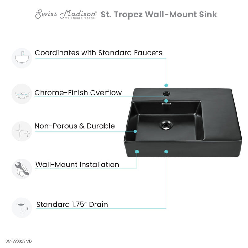 St. Tropez 24 x 18 Ceramic Wall Hung Sink with Left Side Faucet Mount, Matte Black