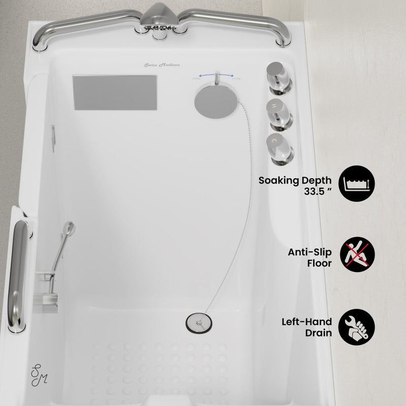 Auvergne 53" x 27" ADA Left Drain Walk-in Soaking Bathtub in Glossy White, Faucet Set, Drain, Grab Bars, Pillow Included
