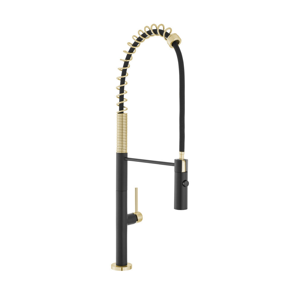 Pull-down kitchen faucet in brushed gold and black, single handle design.
