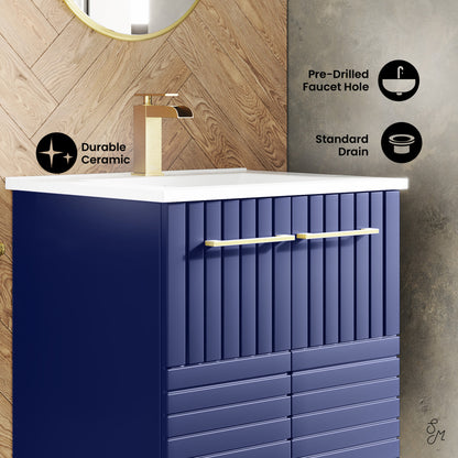24-inch freestanding bathroom vanity in Granger Blue, single sink, soft-close doors, durable ceramic top.