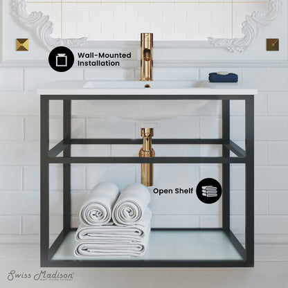 Pierre 30 Single, Open Shelf, Matte Black Metal Frame Bathroom Vanity
