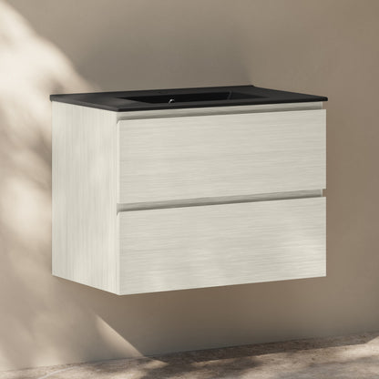 Liberte 30" Wall-Mounted Bathroom Vanity in White Oak with Black Sink Top