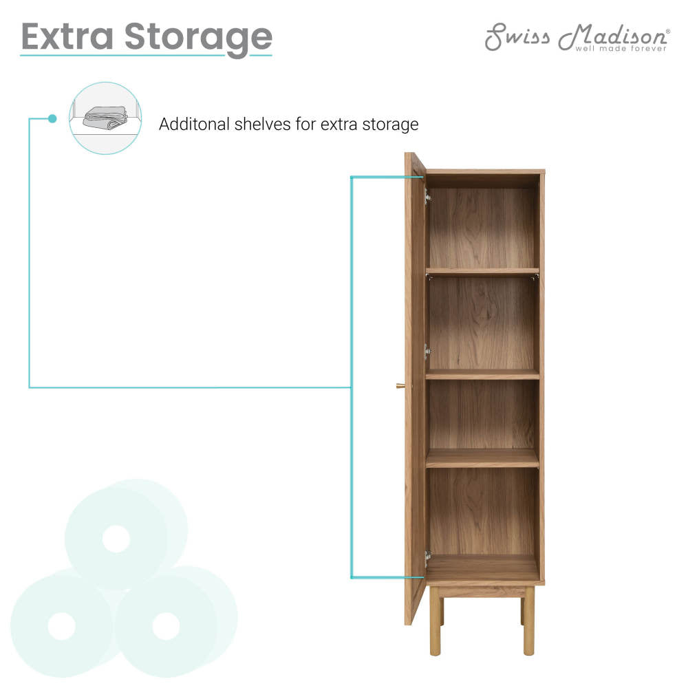 15.5 x 15 x 60-inch freestanding linen cabinet in Toppan oak with open shelves and slim legs.