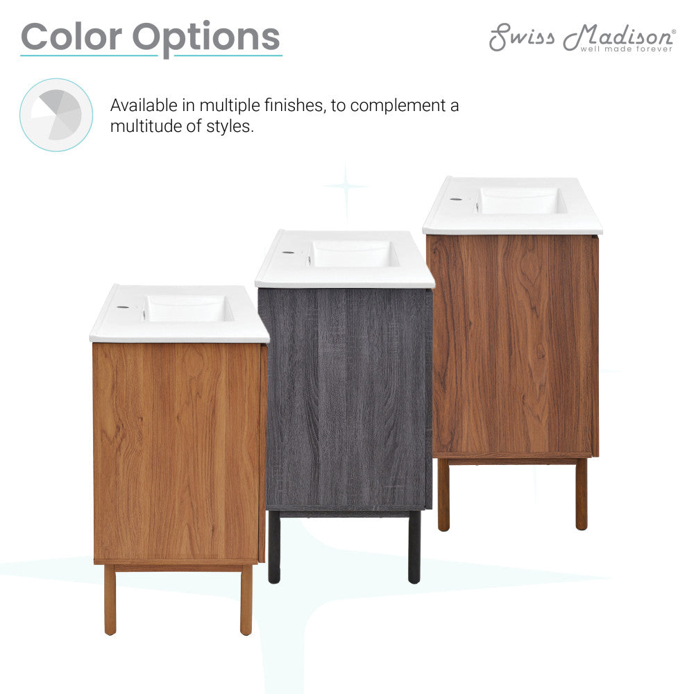 24-inch freestanding bathroom vanity in black oak with white sink top, single sink, modern design.