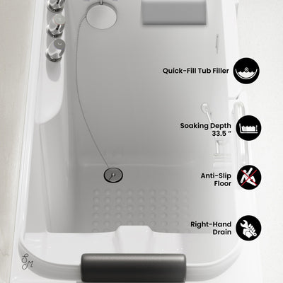 Auvergne 53" x 27" ADA Right Drain Walk-in Soaking Bathtub in Glossy White, Faucet Set, Drain, Grab Bars, Pillow Included
