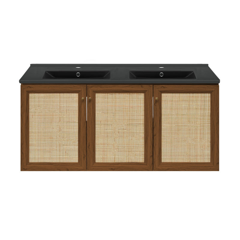 Classe 48" Wall-Mounted Bathroom Vanity in Brown Oak with Black Double Basin Sink Top