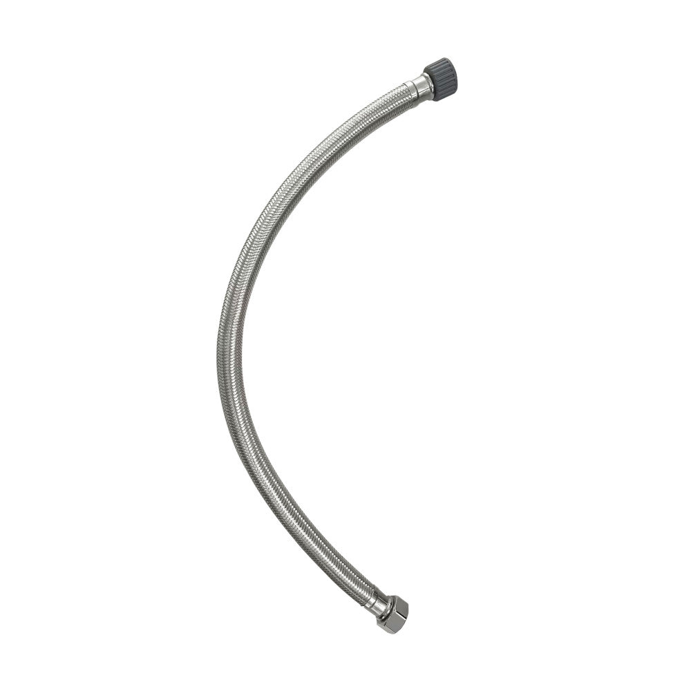 Flexible stainless steel supply line hose with protective braided exterior and standard fittings.