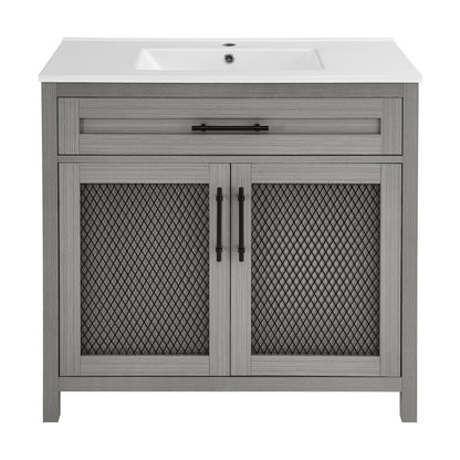 36-inch freestanding bathroom vanity in carbon gray with mesh cabinet doors and white sink top.