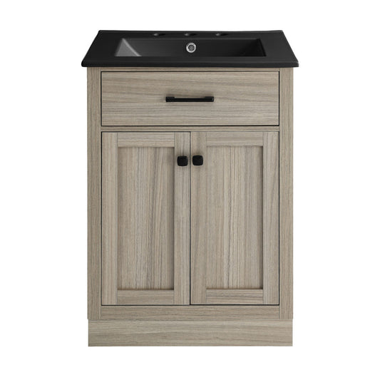 Burdon 24 in. Brown Oak Bathroom Vanity With Black, 3-Hole Ceramic Sink Top