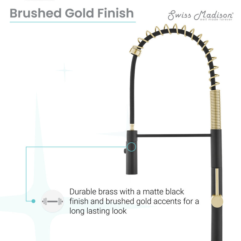 Chalet Single Handle, Pull-Down Kitchen Faucet in Brushed Gold and Black