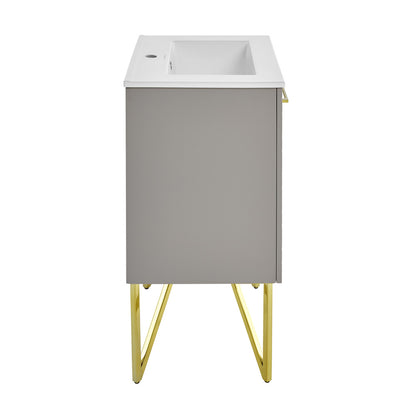 24-inch freestanding bathroom vanity in diamond gray with white sink top, gold metal legs, soft-close doors.