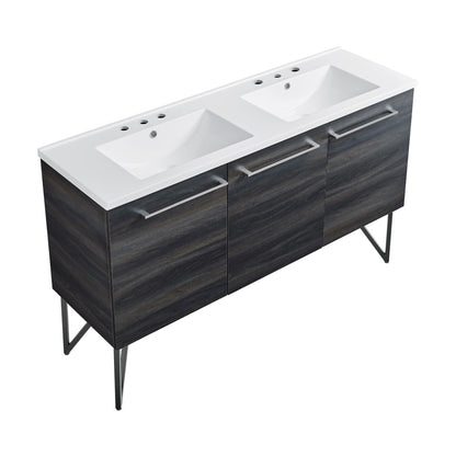 Annecy 60 in. Black Walnut, Double Basin Bathroom Vanity With White, 3-Hole Artificial Stone Sink Top