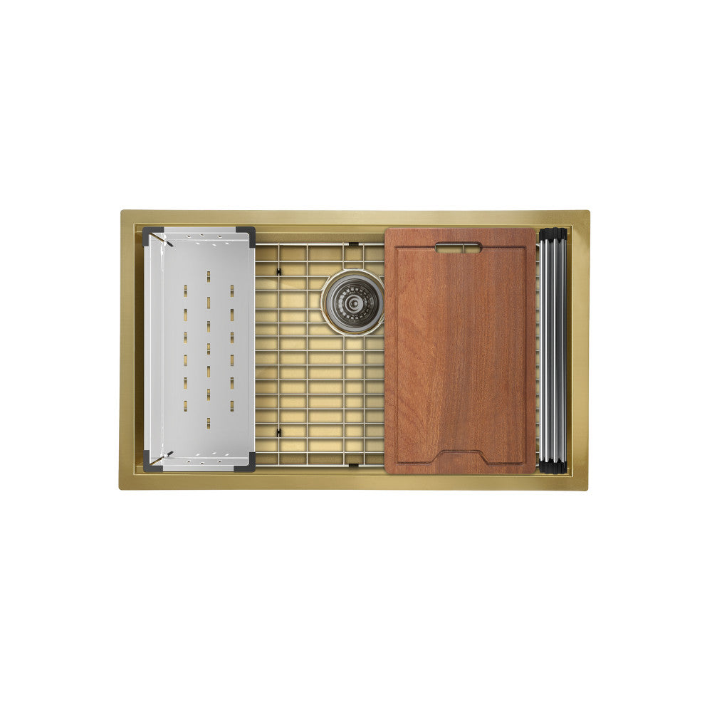 18 Gauge polished gold undermount kitchen sink, 32-inch, workstation style with cutting board and drying rack.