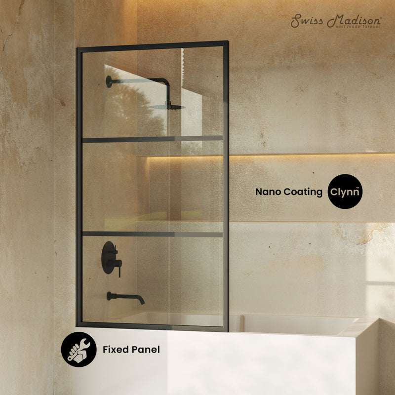Claire 34 x 58 Framed Fixed 3/8 in. (10mm) Clear Tempered Glass Tub Door with Black Matte Frame
