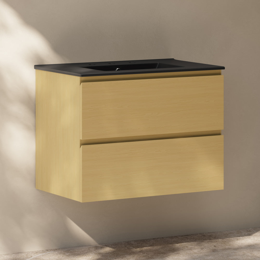 Liberte 30" Wall-Mounted Bathroom Vanity in Natural Oak with Black 3-Hole Widespread Sink Top