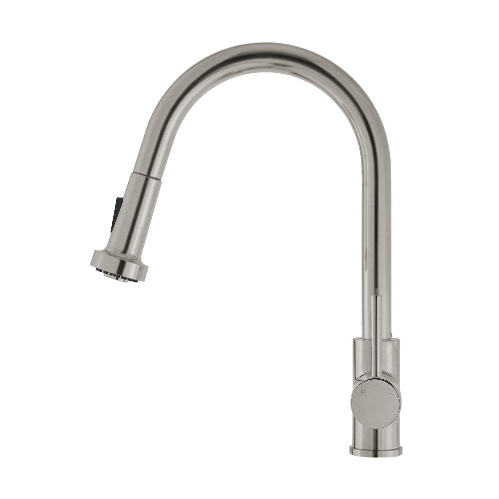 Single handle pull-down kitchen faucet in brushed nickel with high-arc spout.
