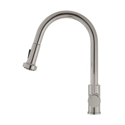 Single handle pull-down kitchen faucet in brushed nickel with high-arc spout.