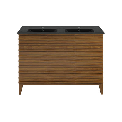 Cascade 48 in. Brown Oak, Double Basin Bathroom Vanity With Black Ceramic Sink Top