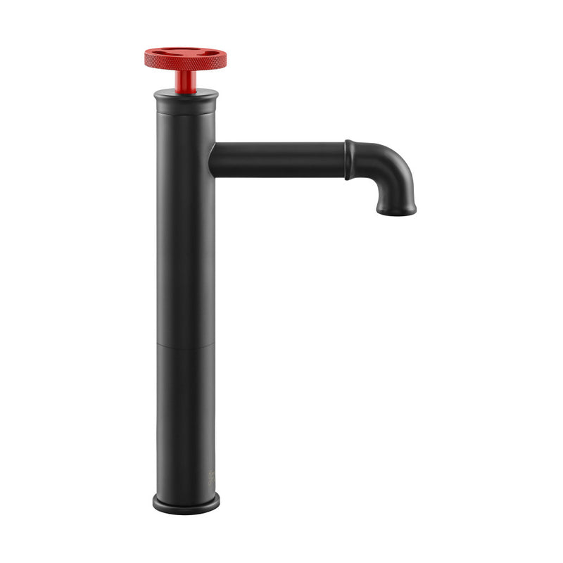 Avallon Single Hole, Single-Handle Wheel, High Arc Bathroom Faucet in Matte Black with Red Handles