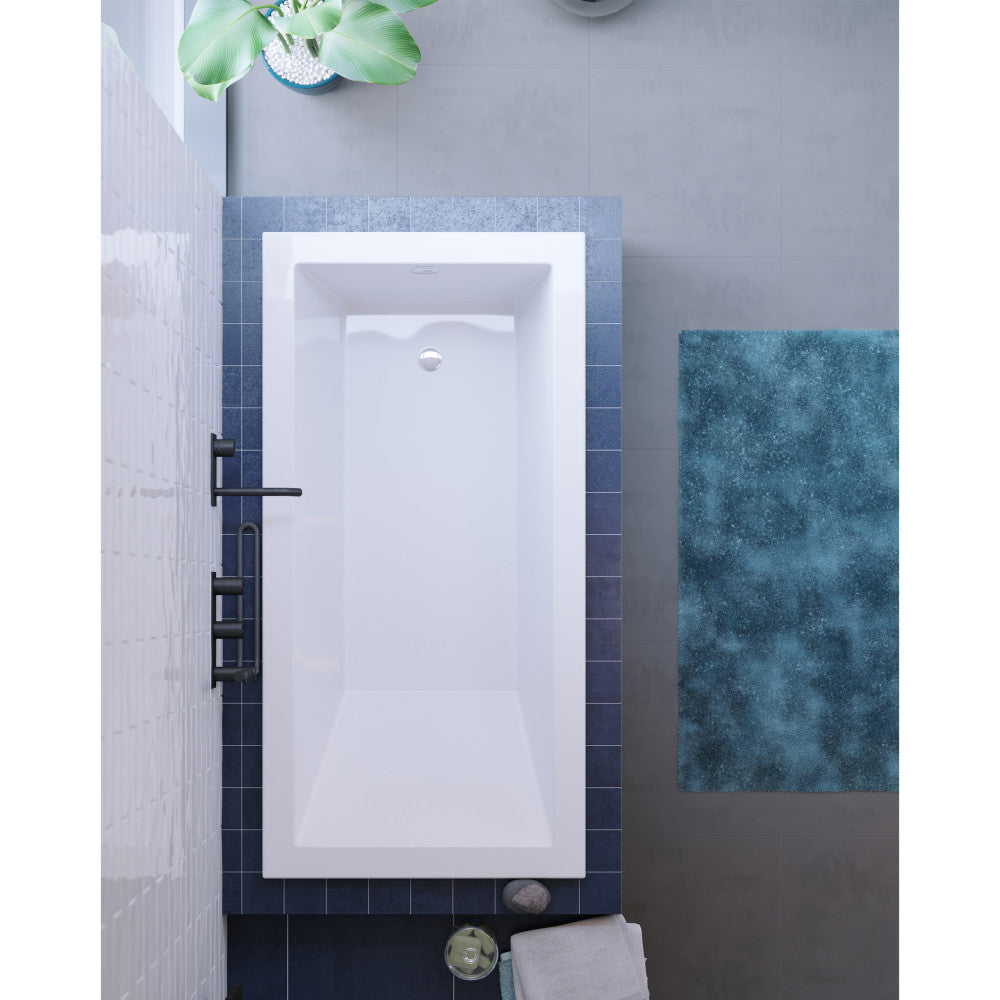 Drop-in rectangular bathtub 60 inch, reversible drain, clean white finish.