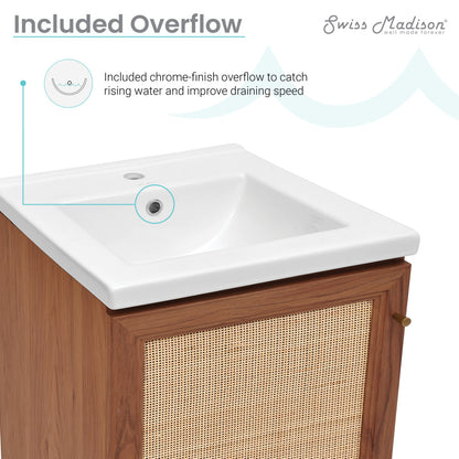 18-inch freestanding bathroom vanity in brown oak with single sink and soft-close doors.