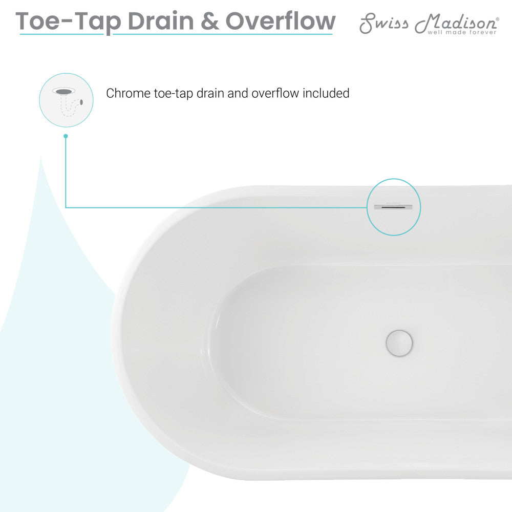 Freestanding white 60-inch bathtub with center drain and smooth curved edges.