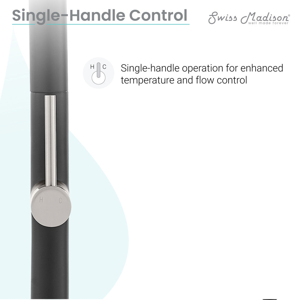 Single-handle pull-down kitchen faucet in brushed nickel and black, sleek cylindrical control handle.